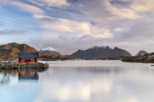 Nordland Gallery: Isolated fishermans cabin reflected in the sea at dawn, Ballstad, Vestvagoy, Nordland county