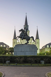 Jackson Square Prints: Jackson Square and Saint Louis Cathedral at dusk, French Quarter, New Orleans, Louisiana