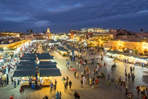 Marrakesh Prints: Jamaa El-Fna square at dusk, Marrakesh, Morocco, North Africa, Africa