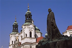 Czech Prints: Jan Hus Monument and Church of St. Nicolas, Old Town Square, Prague, Czech Republic