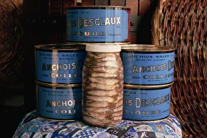 Food And Drink Prints: Jars and tins of anchovies, Desclaux factory, Collioure, Roussillon, France, Europe
