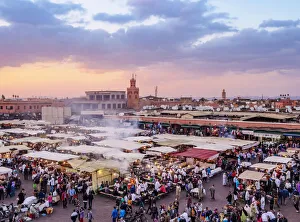 Marrakesh Prints: Jemaa el-Fnaa (Jemaa el-Fna) at sunset, square and market in the Old Medina