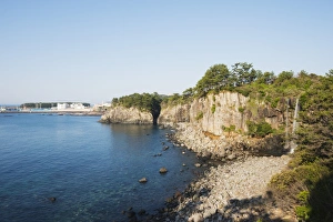 Korean Prints: Jeongbang waterfall cascading into the sea