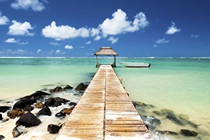 Jetty and boat on the turquoise water, Black River, Mauritius, Indian Ocean, Africa