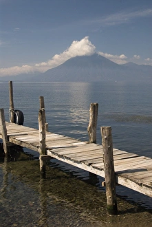 Lake Atitlan Prints: A jetty in Panajachel, San Pedro Volcano in the background, Lake Atitlan