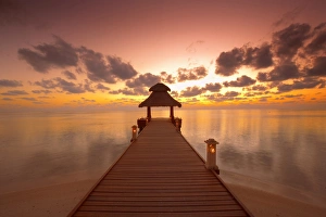Wharf Prints: Jetty at sunset, island on North Male Atoll, Maldives, Indian Ocean, Asia