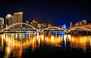 Skyscrapers Prints: JieFang (Liberation) Bridge over the Minjiang River at night