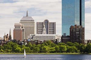 The John Hancock Tower and city skyline across the Charles River