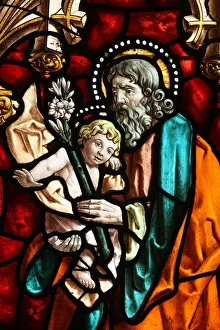 Madrid Prints: Joseph and Jesus, stained glass, San Jeronimos church, Madrid, Spain, Europe