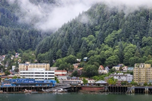 Meteorological Prints: Juneau, State Capital, view from the sea, mist clears over downtown buildings, mountains