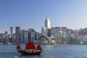 Sails Prints: Junk boat and skyline of Hong Kong Island, Wan Chai, Hong Kong Island, Hong Kong