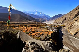 Terraced Prints: Kagbeni village and Kali Gandaki River, Mustang, Nepal, Himalayas, Asia