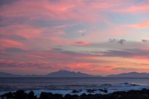 Kaikoura Ranges in South Island at sunset from Wellington, North Island, New Zealand, Pacific