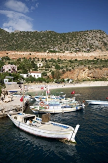 Kalkan Prints: Kalkan beach in background, Kalkan, a popular tourist resort, Antalya Province