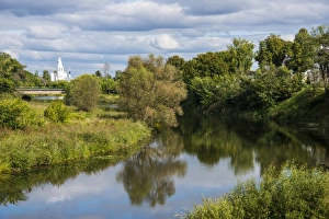 Traditionally Russian Prints: The Kamenka River flowing through Suzdal, Golden Ring, Russia, Europe