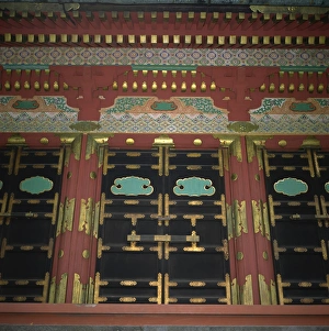 Nikko Prints: Kami-Jinko sacred storehouse doors, Tosho-gu Shrine, Nikko, Honshu, Japan, Asia