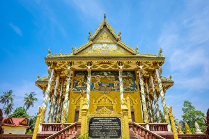Traditionally Cambodian Prints: Kan Doeng Pagoda (Wat Kan Doeng), Battambang, Cambodia, Indochina, Southeast Asia, Asia