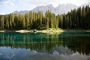 The Karersee (Lago di Carezza), an alpine lake in the Dolomites, Bolzano province
