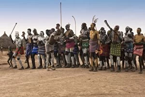 Images Dated 26th August 2010: Karo people with body paintings participating in a tribal dance ceremony, Omo River Valley