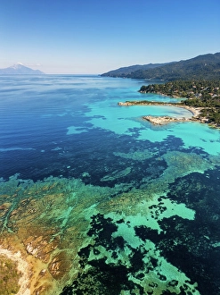 Azure Prints: Karydi beach with turquoise water, drone aerial view, Sithonia, Chalkidiki, Greece