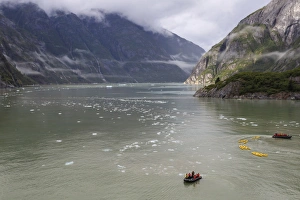 Passenger Prints: Kayak expedition preparations, Tracy Arm Fjord, clearing mist, icebergs and cascades