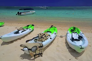 Equipment Prints: Kayaks lined up on the beach at Flic en Flac in Mauritius ready for a day of water activities