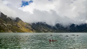 Kayaking Prints: Kayaks at Quilotoa, a water-filled caldera and the most western volcano in the Ecuadorian Andes