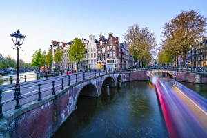 Traditionally Dutch Prints: Keizersgracht Canal at dusk, Amsterdam, Netherlands, Europe