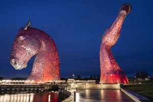 Animal Head Prints: The Kelpies at night, near Falkirk, Stirlingshire, Scotland, United Kingdom, Europe