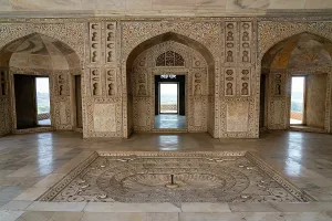 Mughal Prints: Khas Mahal central pavilion features stone reliefs and marble floor at Agra Fort in Uttar Pradesh