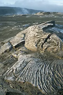 Kilauea Prints: Kilauea volcano crater showing solidified ropy lava called pahoehoe