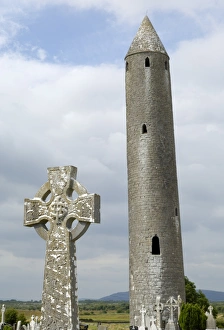 County Galway Prints: Kilmacdaugh Round Tower and Celtic style cross