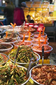 Korean Prints: Kimchi pickled vegetables, Dongmun traditional market, Jeju Island, South Korea, Asia