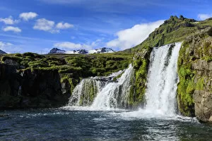 Snaefellsnes Peninsula Gallery: Kirkjufellsfoss Waterfall, snowy mountains, Grundarfjordur, blue sky, good Summer weather