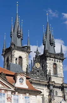 Czech Prints: Kisky Palace and Church of Our Lady before Tyn, Old Town, Prague, Czech Republic, Europe