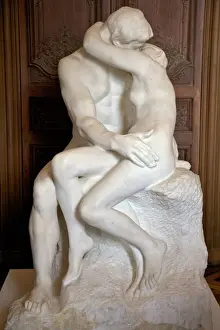 Nudes Prints: The Kiss by Auguste Rodin, 1889, marble sculpture in Rodin Museum, Paris, France, Europe