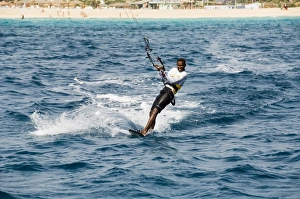 Kite surfing at Santa Maria on the island of Sal (Salt), Cape Verde Islands, Africa