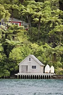 Images Dated 6th December 2007: Kiwi bach or holiday home, with boat shed, Marlborough Sounds, South Island