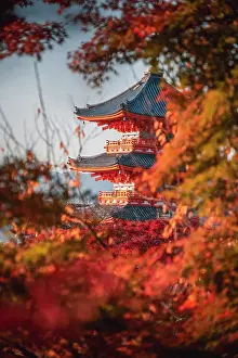 Autumnal Prints: Kiyomizu-dera Buddhist temple and Sanjunoto three Story Pagoda with autumn colors