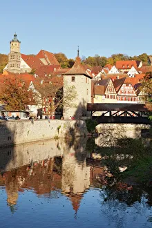 Footbridge Prints: Kocher River and old town, Schwaebisch Hall, Hohenlohe, Baden Wurttemberg, Germany, Europe