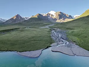 Scenic Landscape Prints: Kol-Ukok Mountain Lake surrounded by green mountains under a blue sky
