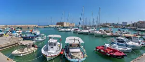 Venetian Prints: Koules Venetian Fortress overlooks boats in Heraklion Venetian Port on a sunny day in Crete