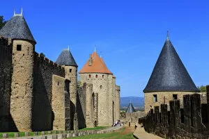 Medieval Collection: La Cite, battlements and spiky turrets from Les Lices, Carcassonne, UNESCO World Heritage Site