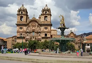 La Compania de Jesus and fountain with statue of Inca King Pachacuteq, Plaza de Armas