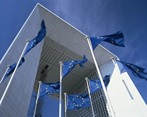 La Defense Prints: La Grande Arche and EU flags, La Defense, Paris, France, Europe