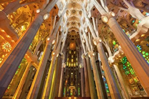 Spanish Culture Gallery: La Sagrada Familia church, basilica interior with stained glass windows by Antoni Gaudi