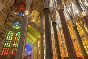 Basilica Prints: La Sagrada Familia church, basilica interior with stained glass windows by Antoni Gaudi