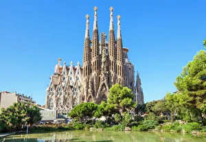 Basilica Prints: La Sagrada Familia church front view, designed by Antoni Gaudi, UNESCO World Heritage Site