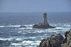 Finistere Prints: La Vieille lighthouse on a lonely rock in the water at Pointe du Raz