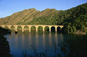 Viaducts Prints: Lac de Villefort and railway viaduct, Cevennes, Lozere, Languedoc-Roussillon